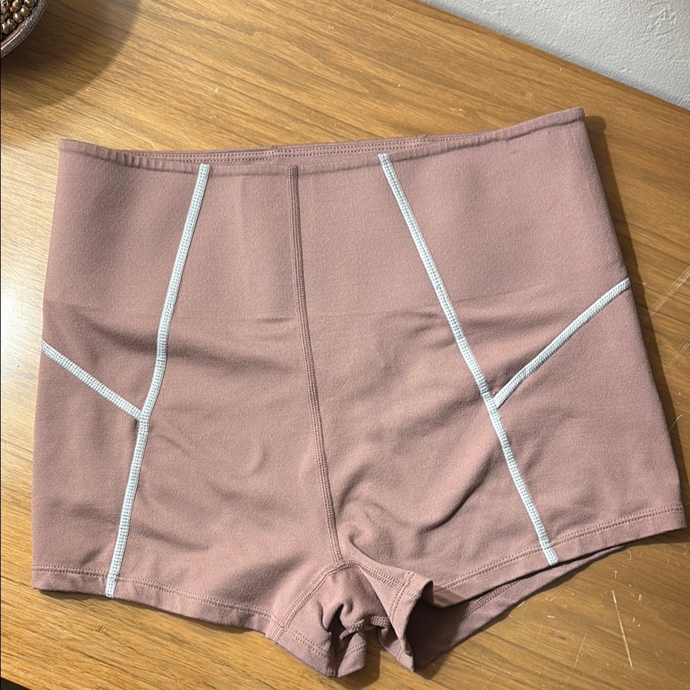 FP movement High-Waisted Mauve Yoga Shorts with White Stitching